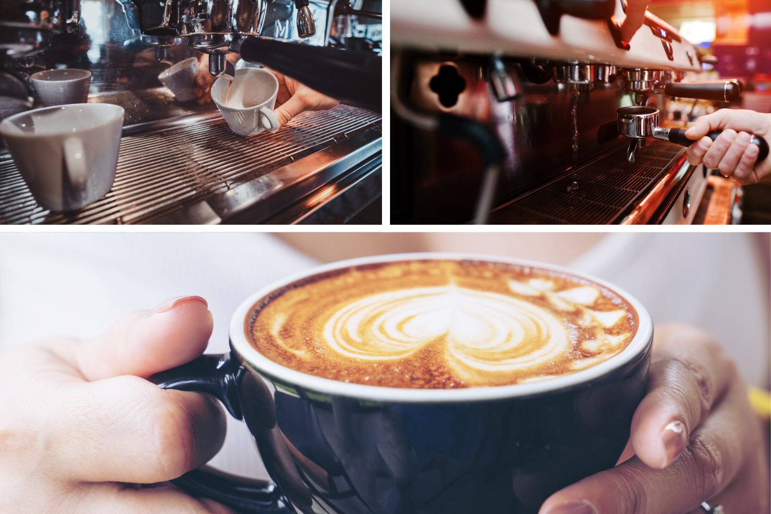 Zbliżenie na filiżanki kawy w&nbsp;ekspresie ciśnieniowym i&nbsp;w&nbsp;dłoniach kobiety
