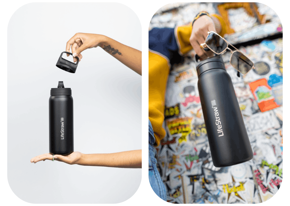 Czarna butelka LifeStraw Go Steel Nordic Noir w&nbsp;użyciu