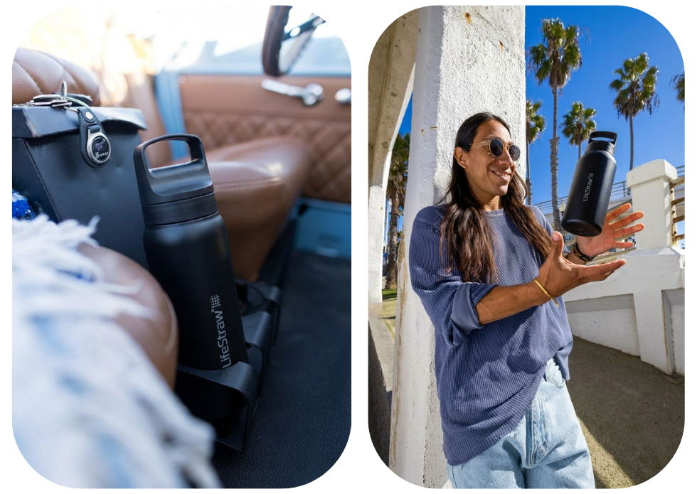 Czarna stalowa butelka LifeStraw w&nbsp;podróży samochodem