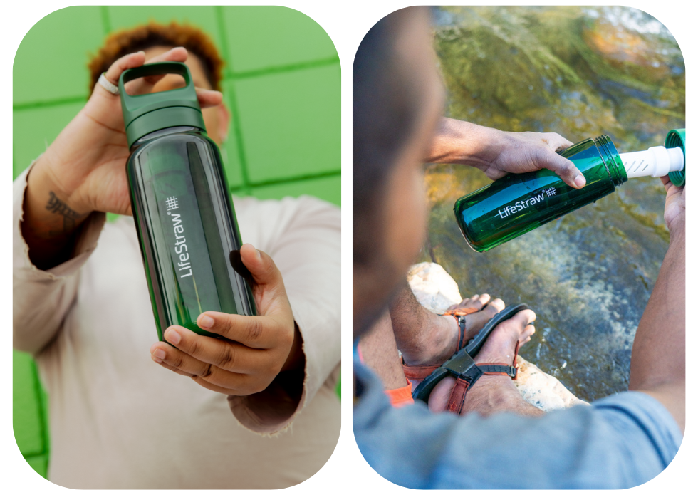 Zielona butelka LifeStraw Go 2.0 Terrace Green 1L w&nbsp;użyciu
