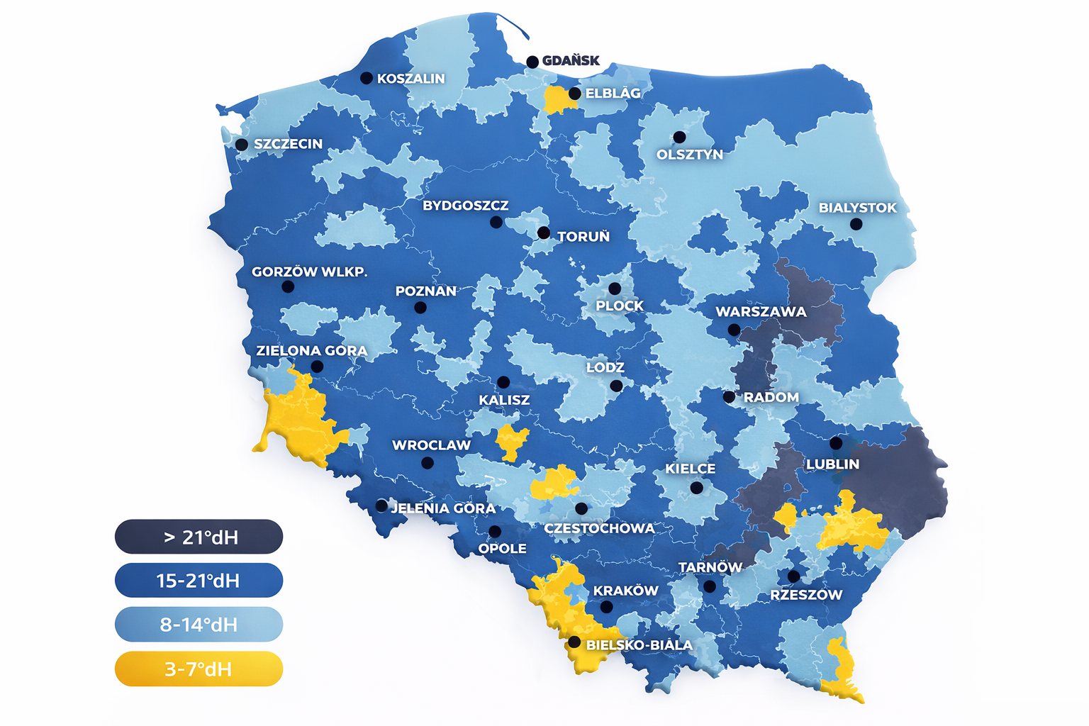Mapa twardości wody w Polsce w stopniach niemieckich