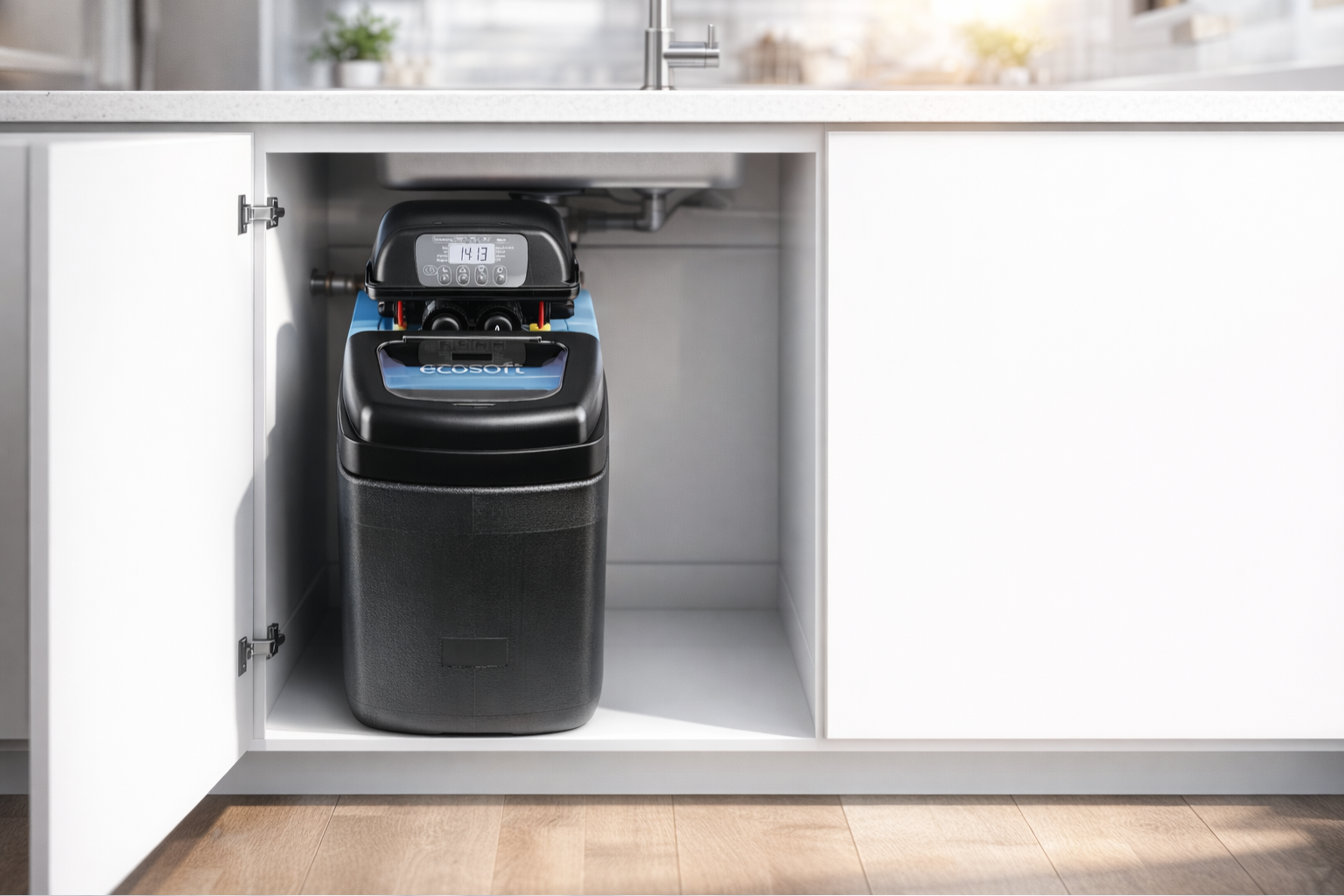 Kompaktowy zmiękczacz wody Ecosoft Core 110 zamontowany w&nbsp;szafce pod zlewem