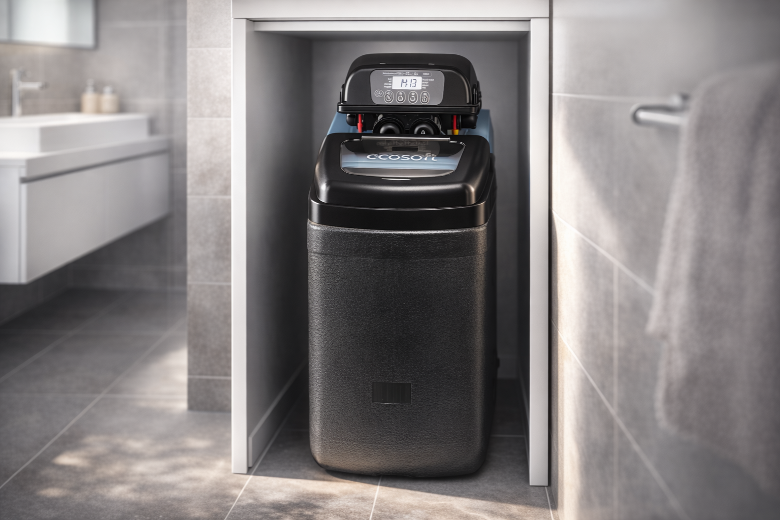 Wydajny zmiękczacz wody Ecosoft Core 150 w&nbsp;nowoczesnej łazience