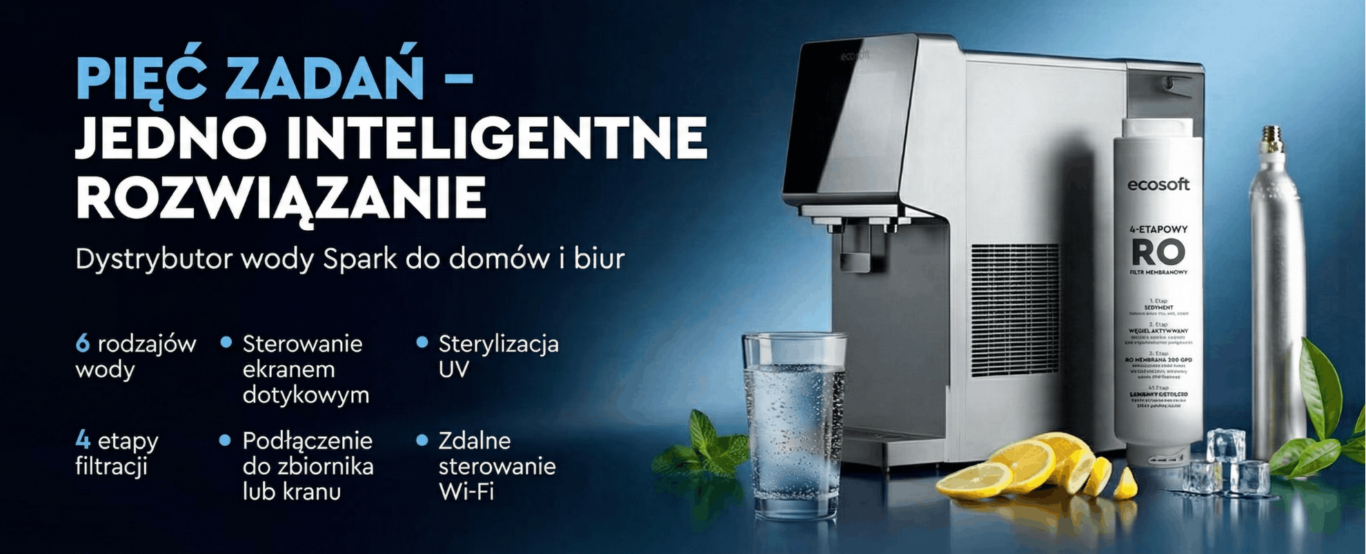 Inteligentny dystrybutor wody Ecosoft SPARK - widok frontowy