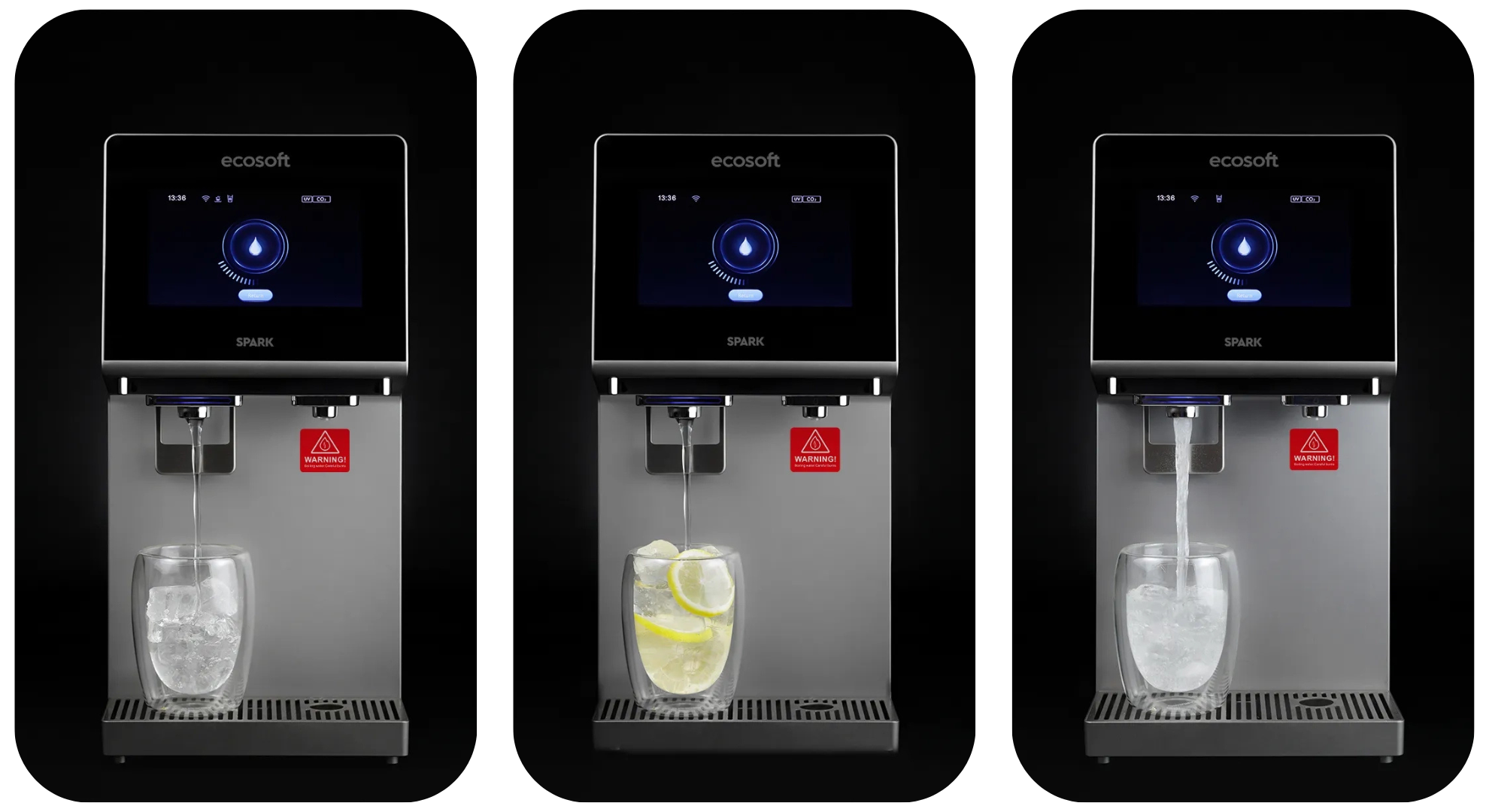 Czysta woda w&nbsp;szklance nalewana z&nbsp;dystrybutora Ecosoft