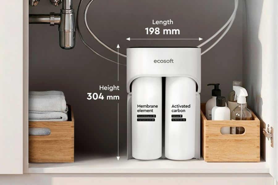 Wymiary Ecosoft Cross Max zamontowanego pod zlewem