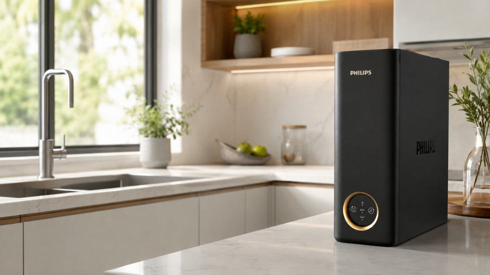 Filtr Philips AUT8990 w kuchni - czarna obudowa filtra, światło wpada przez duże okno