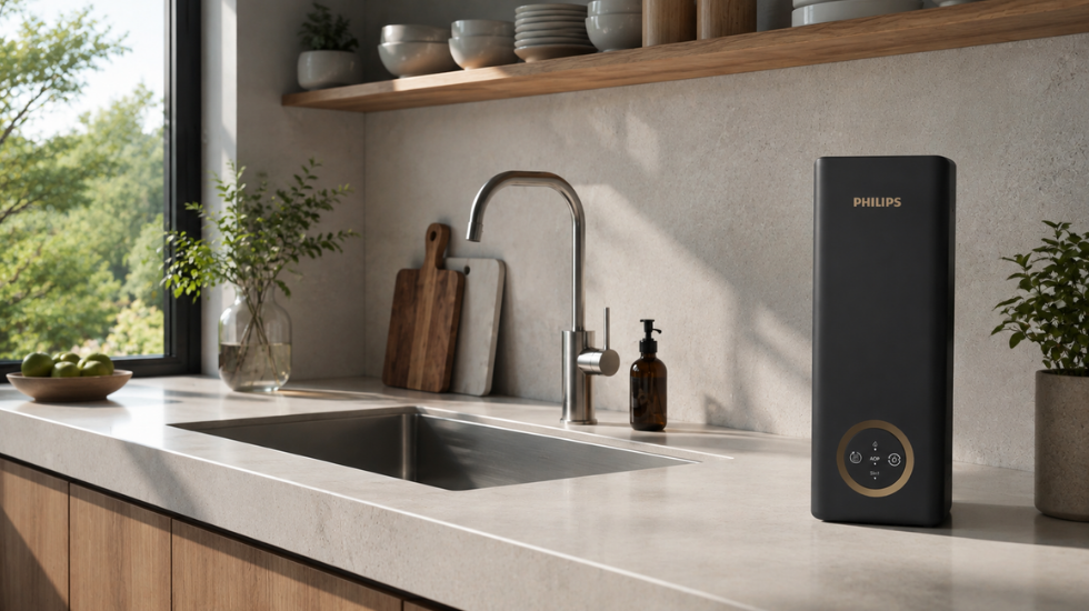 Prezentacja systemu RO Philips AUT8990/10 w jasnej kuchni na blacie