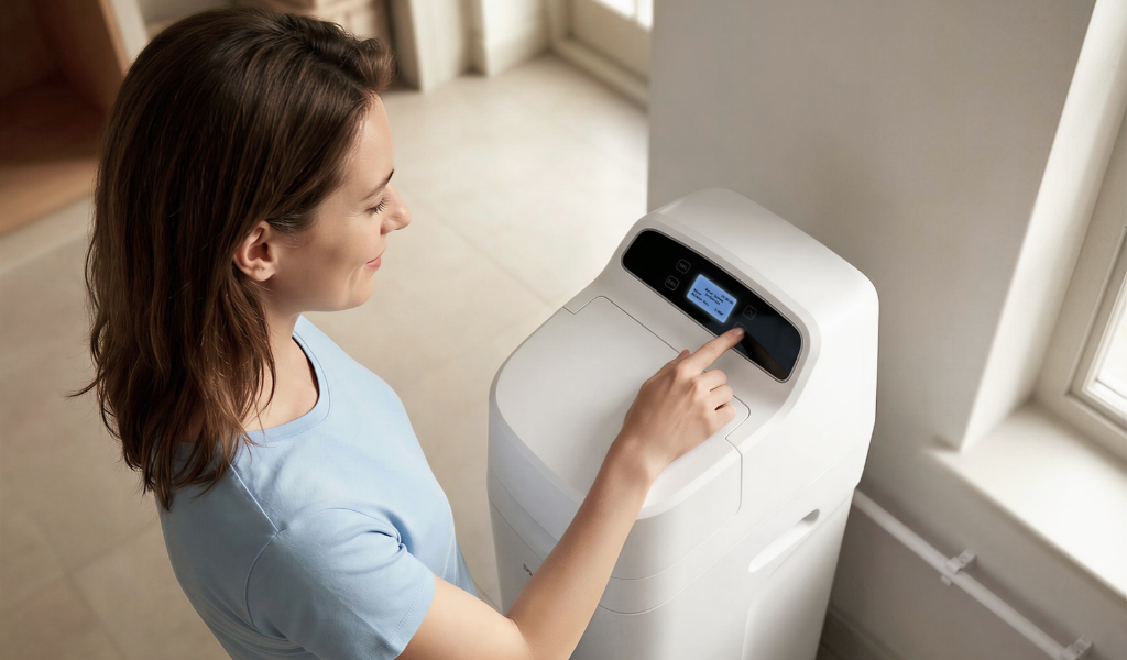 Użytkowanie zmięczacza wody Philips - kobieta korzysta z panelu dotykowego