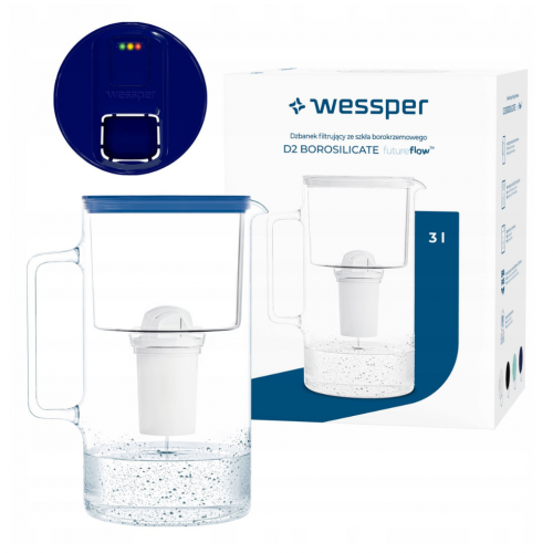 Szklany dzbanek WESSPER D2 BOROSILICATE futureflowTM 3L NIEBIESKI z licznikiem i filtrem Aquaclassic
