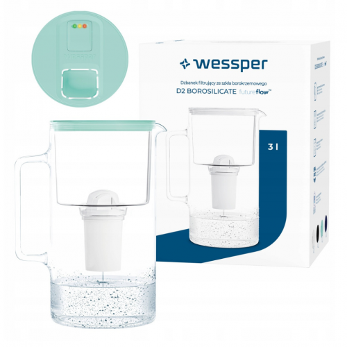 Szklany dzbanek WESSPER D2 BOROSILICATE futureflowTM 3L MIĘTOWY z licznikiem i filtrem Aquaclassic - 5