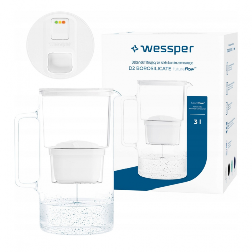 Szklany dzbanek WESSPER D2 BOROSILICATE futureflowTM 3L BIAŁY z licznikiem i filtrem Aquamax - 7