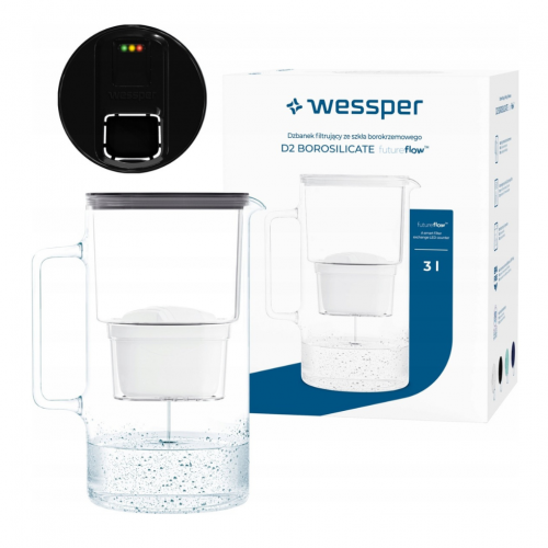 Szklany dzbanek WESSPER D2 BOROSILICATE futureflowTM 3L CZARNY z licznikiem i filtrem Aquamax - 7
