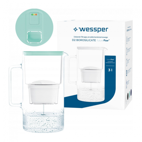 Szklany dzbanek WESSPER D2 BOROSILICATE futureflowTM 3L MIĘTOWY z licznikiem i filtrem Aquamax - 6