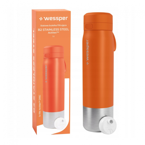 Stalowa butelka z filtrem Wessper B2 STAINLESS STEEL Actitex 1L - POMARAŃCZOWA